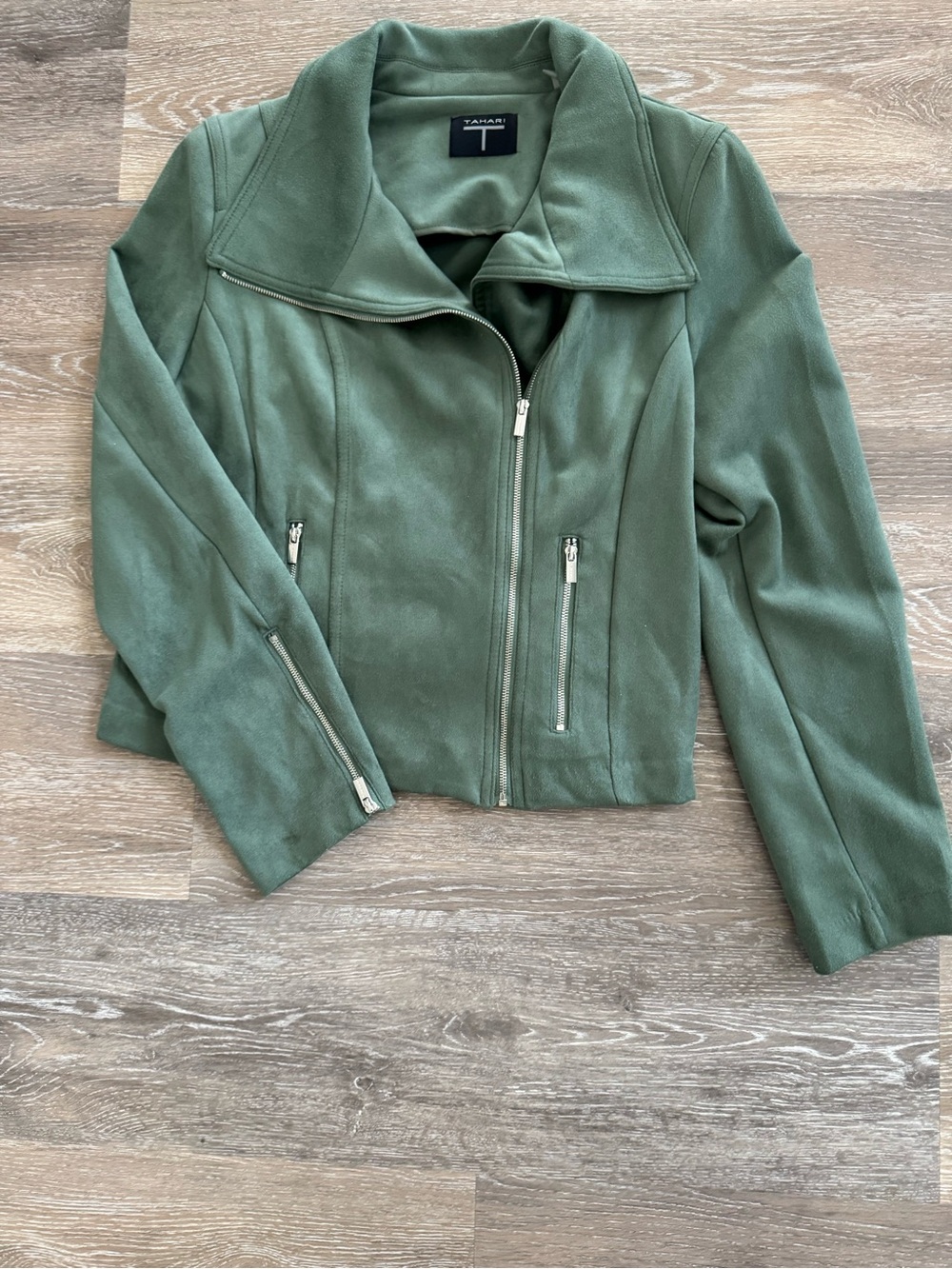 Tahari Olive Green Suede-Look Zip Jacket size M